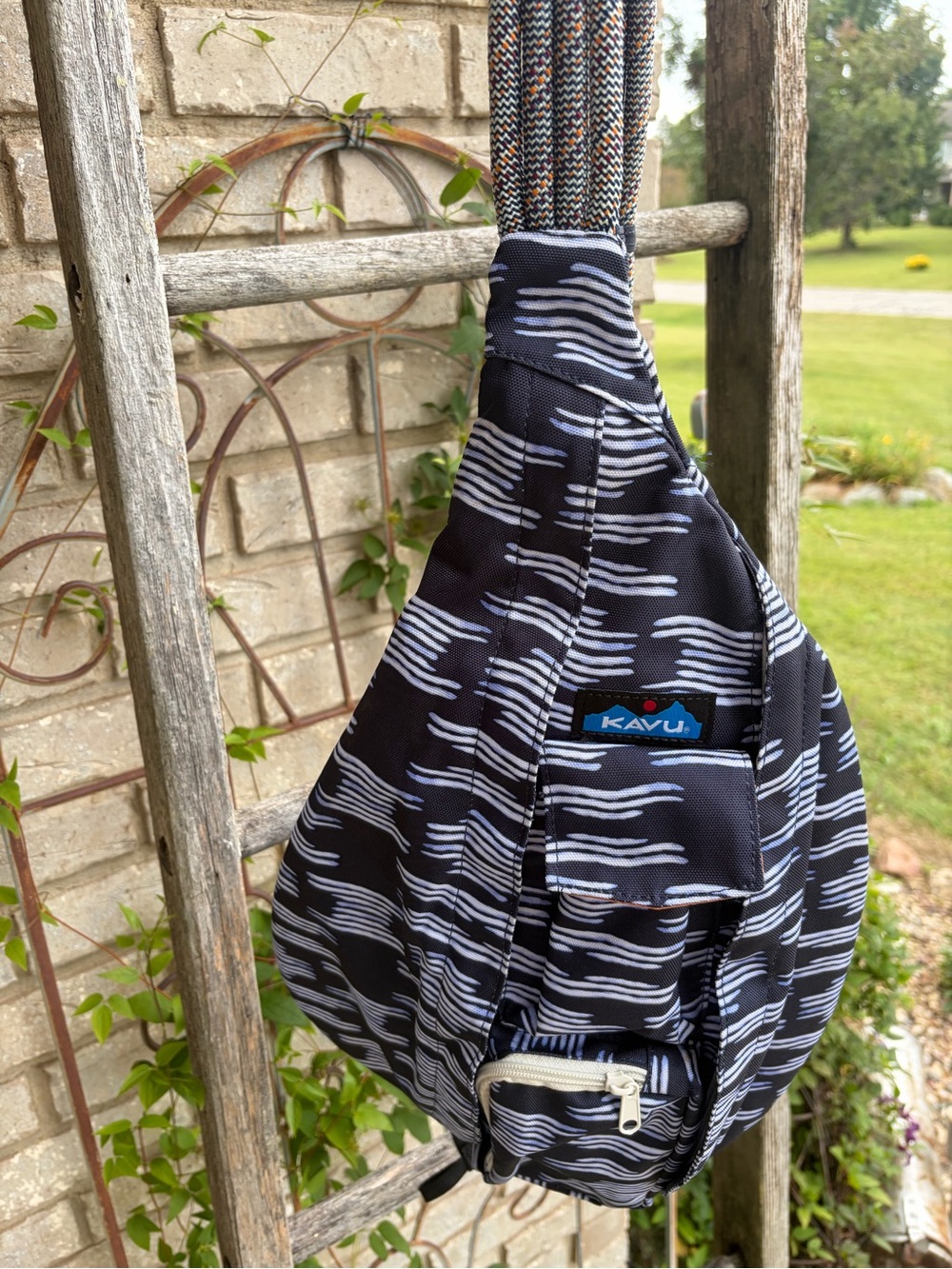Kavu Navy Blue & White Patterned Rope Sling Bag